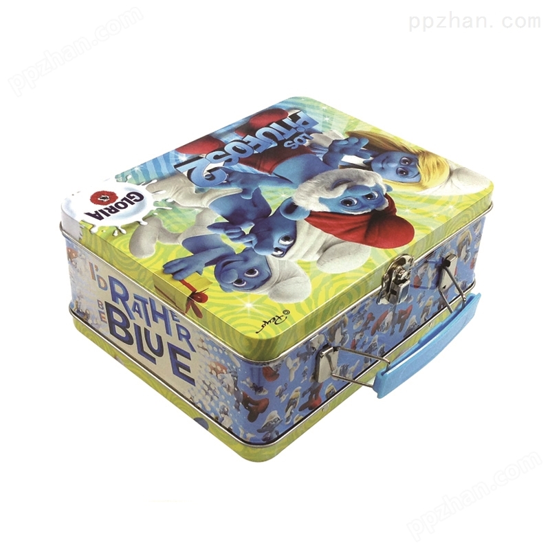 手提式儿童礼品包装盒、蓝精灵图案玩具礼品铁盒定制